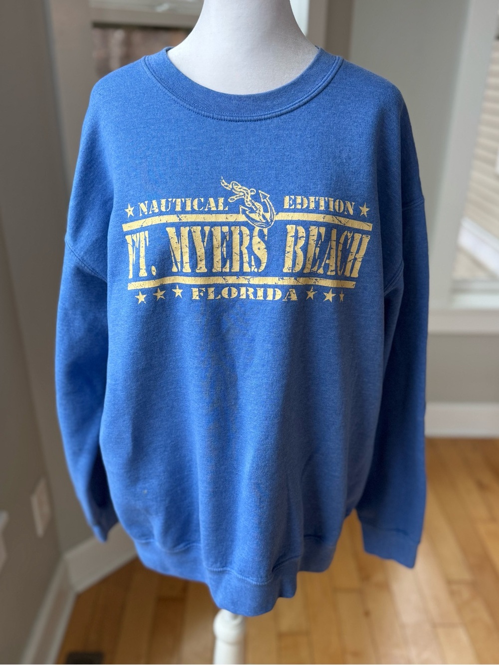 Gildan Blue Crewneck Sweatshirt with Yellow Ft. Myers Beach Graphic Sz Large